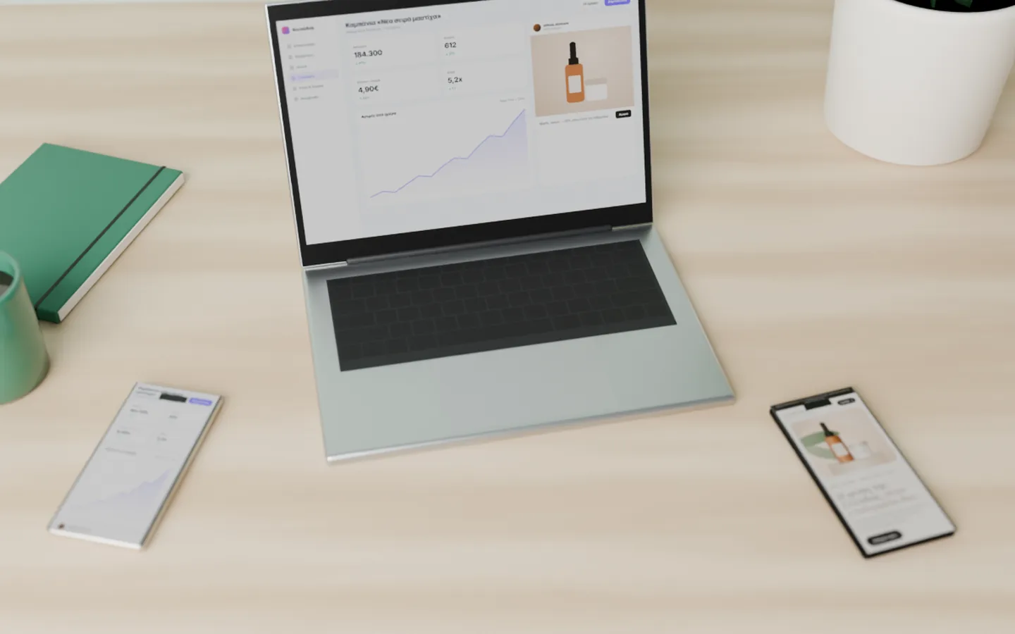 Social media σε κινητά και laptop σε φωτεινό γραφείο